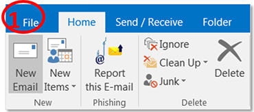 Outlook screen.  File menu.