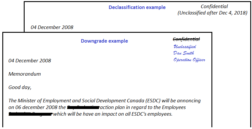 example of downgrade, example of declassification