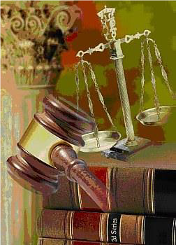 Image of superimposed law books, judge's gavel and brass balance.