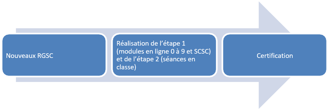 Les nouveaux RGSC</a> sont tenus de suivre l’étape 1 (modules en ligne 0 à 9 et SCSC) et l’étape 2 (séances en classe), après quoi ils passeront un test en vue d’obtenir leur certification.