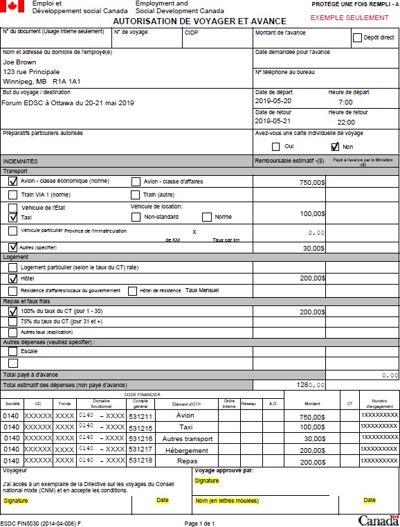 sample of Travel Autorization form indicating where to add information