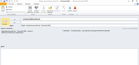 courriel de rejet de demande