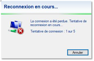 Reconnexion du message - La connexion a été perdue. Tentative de reconnexion à votre session....Bouton d'annulation.