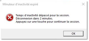 Le délai d'inactivité a expiré - la session a été inactive pendant toute sa durée. Elle sera déconnectée dans 2 minutes. appuyez sur n'importe quelle touche pour continuer la session. bouton ok.