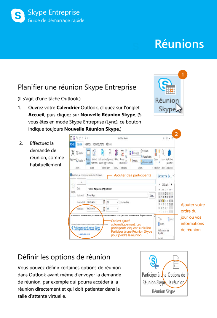 page un de Skype Entreprise - Réunions.  longue description ci-dessous