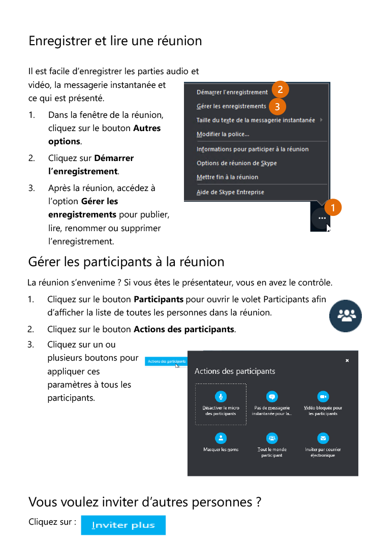 page deux de Skype Entreprise - Réunions.  longue description ci-dessous