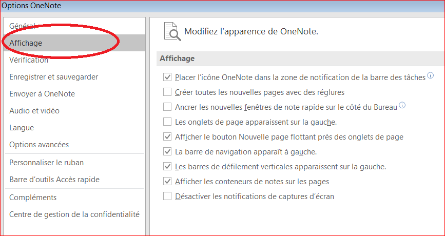 image shows onenote options page. Highlighting display menu item.