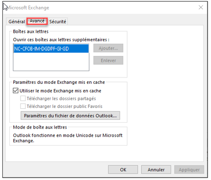 Dans la fenêtre Microsoft Exchange, sélectionnez l'onglet Avancé.