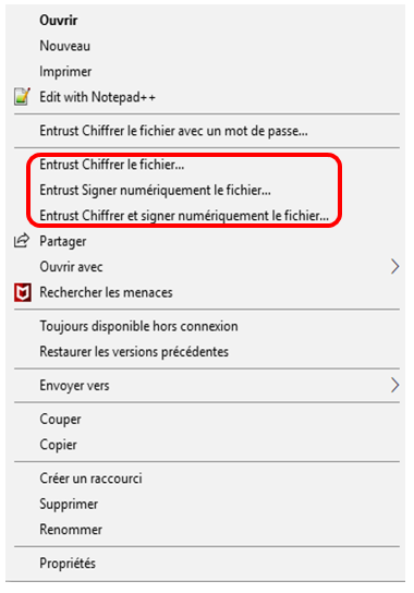 Entrust chiffrer le fichier... Entrust Signer num#233;riquement le fichier... Enrust Chiffrer et signer numériquement le fichier...