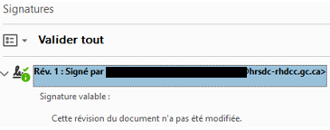 Valider tout, Rév.1 signé par (adresse e-mail). La signature est valide: le document n'a pas été modifié depuis la signature de cette signature.