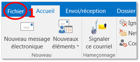 l'écran principal d'Outlook.  l'onglet Fichier.