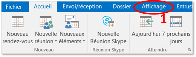l'écran d'Outlook.  l'onglet Affichage
