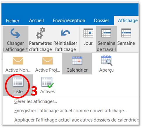 l'écran d'Outlook. Liste