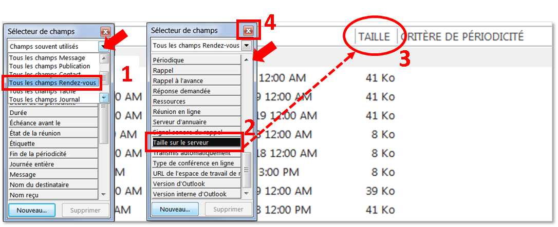 l'écran d'Outlook.  Sélecteur de champs, Taille