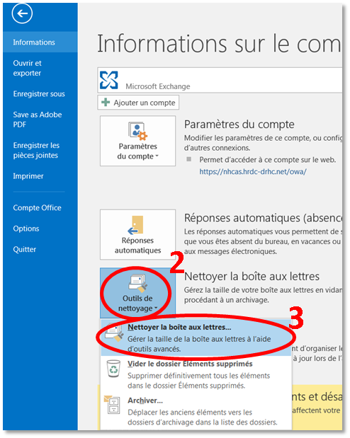 l'écran d'Outlook.  Nettoyer la boîte aux lettres...