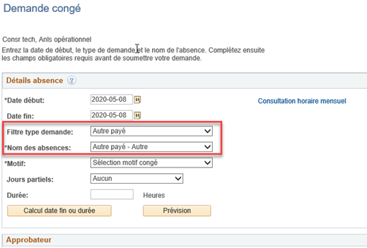 Choisissez le type de congé sous Filtre type demande et le *Nom des absences comme indiqué