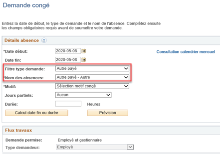 Choisissez le type de congé sous Filtre type demande et le *Nom des absences comme indiqué