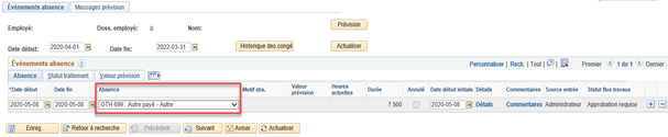 Sélectionnez le code d’Absence du le menu déroulant comme indiqué