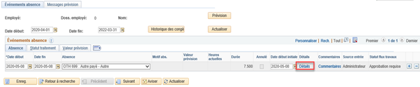 Cliquez sur le lien Détails ; cela ouvrira la fenêtre Détail entrée absences