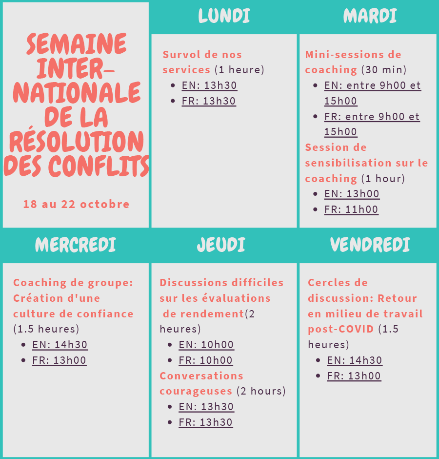 Semaine Internationale de la résolution des conflits 18 au 22 octobre. Version PDF, 38 Ko longue description ci-dessous