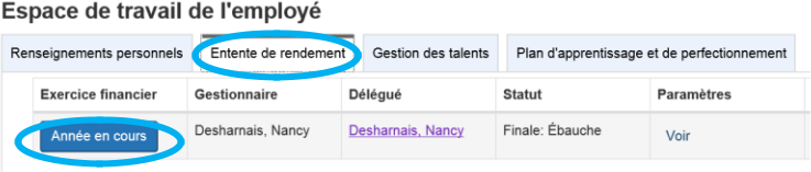 Section 'Entente de rendement' est ouvert avec le bouton 'Année en cours' est encerclé.