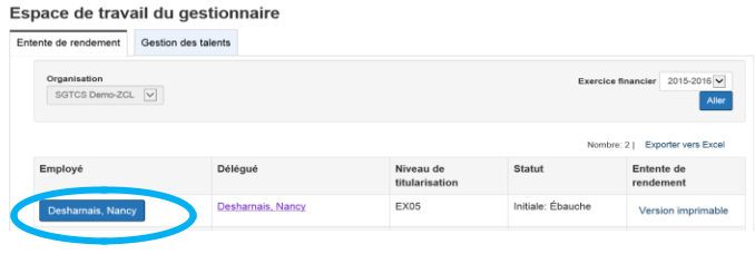Section 'Entente de rendement' est ouvert avec le bouton du nom de l'employé est encerclé.