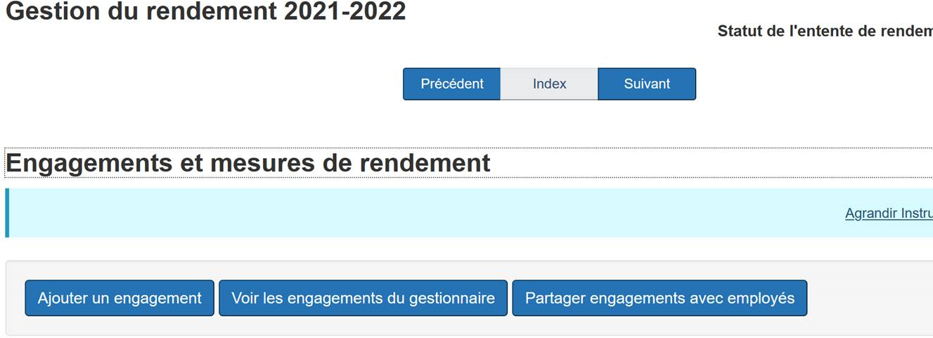 Deux flêches, une sur le bouton 'Ajouter un engagement' et l'autre sur le bouton 'Voir les engagements du gestionnaire'.