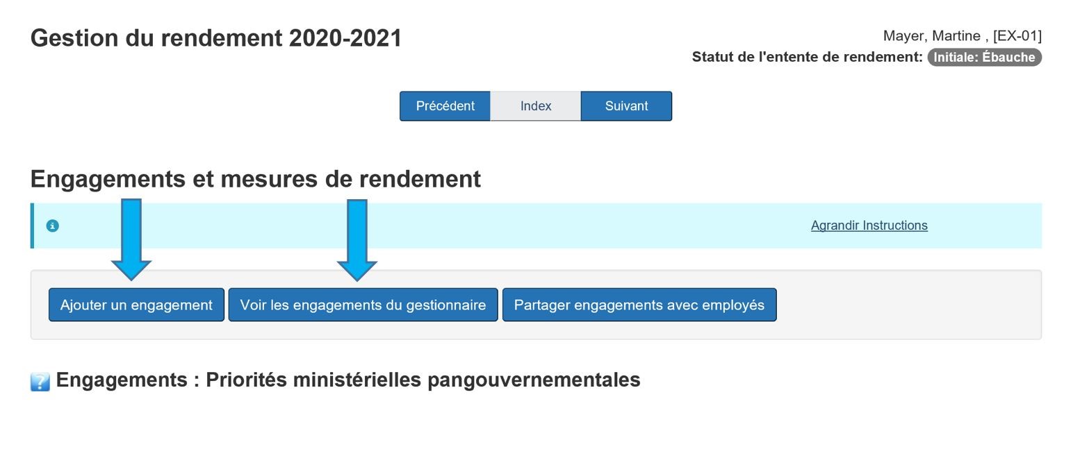 Deux flêches, une sur le bouton 'Ajouter un engagement' et l'autre sur le bouton 'Voir les engagements du gestionnaire'.