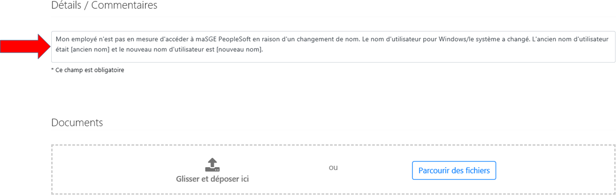 Saisie d’écran de la fenêtre Détails/commentaires que doit remplir le gestionnaire dans le portail du CSRH.