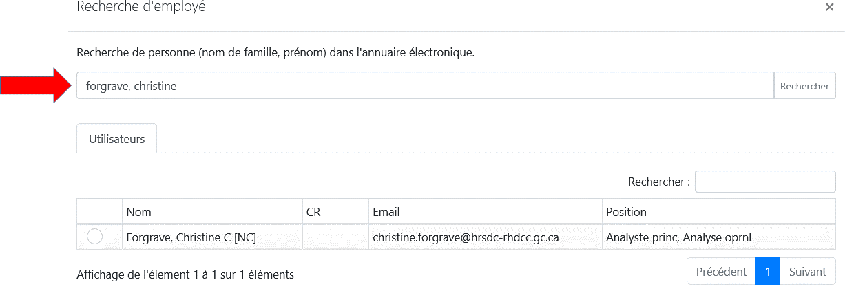 Saisie d’écran du formulaire de recherche que doit remplir le membre du personnel dans le portail du CSRH.