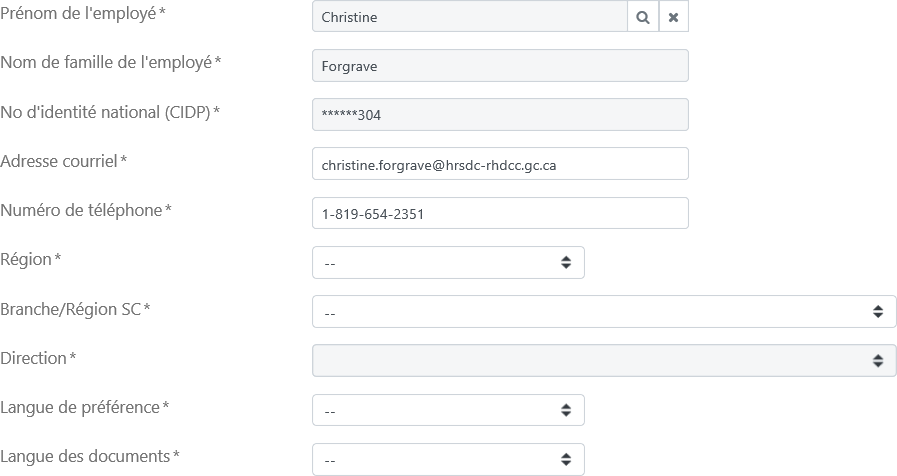 Saisie d’écran de la fenêtre de renseignements de l’employé que doit remplir le gestionnaire dans le portail du CSRH.