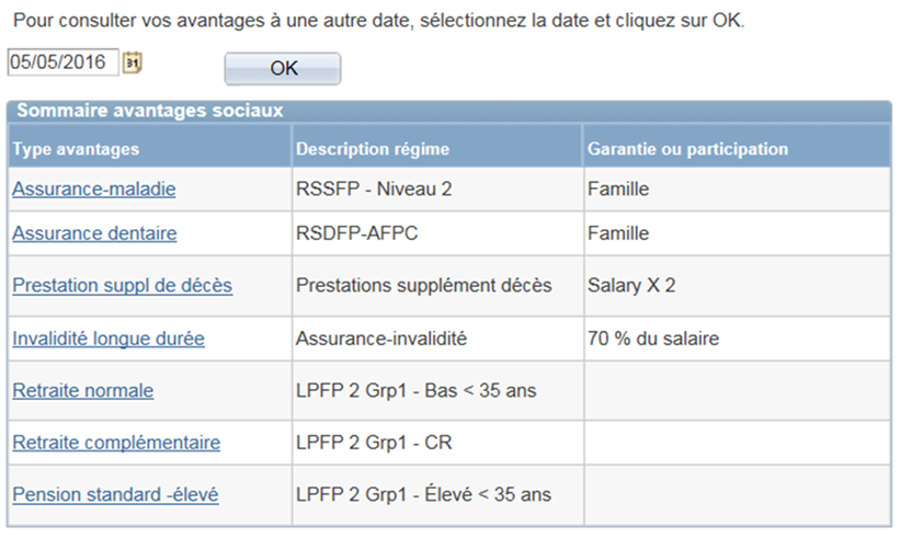 ecran avantages sociaux. Description suit l'image.