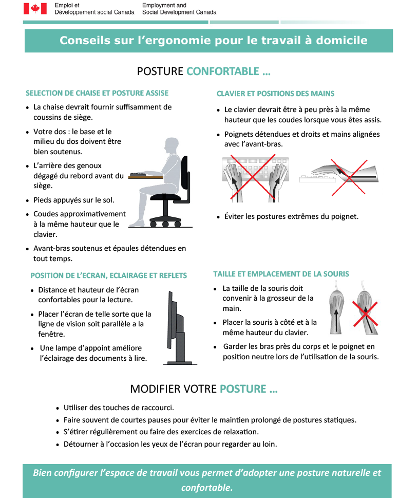 Conseils sur l'ergonomie pour le travail à domicile.  longue description ci-dessous